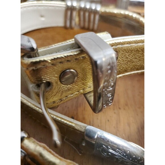 R.O.C. Silver Gold Leather Belt 1990s Vintage M/L Made In Taiwan - Picture 3 of 4